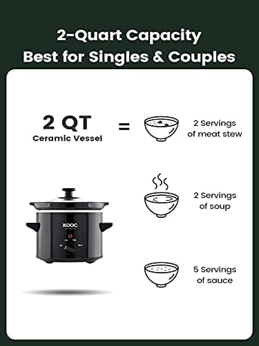 KOOC Small Slow Cooker, 2-Quart, Free Liners Included for Easy Clean-up, Upgraded Ceramic Pot, Adjustable Temp, Nutrient Loss Reduction, Stainless Steel, Black, Round… - Image 3