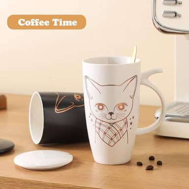 DELARLOCHEF Tea Mug With Infuser And Lid - 20oz Microwave & Dishwasher Safe Ceramic Mug, Cat Lover Gift with Leak-Proof Lid, 304 Stainless Steel Strainer & Spoon, Graduation Gifts, Golden Black Cat - Image 7