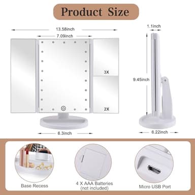 deweisn Floor Mount Tri-Fold Lighted Vanity Mirror with 21 LED Lights, Touch Screen and 3X/2X/1X Magnification, Two Power Supply Modes Make Up Mirror,Travel Mirror - Image 5