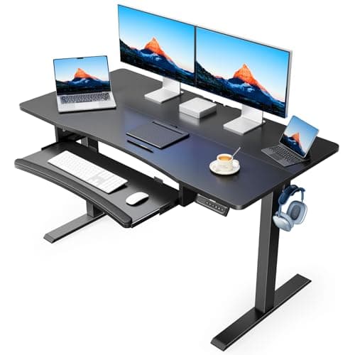 HUANUO Electric Standing Desk with Large Keyboard Tray(26.7"), Adjustable Height Stand Up Desk for Home Office, 4 Memory Height Settings, 2 Headphone Hooks, Computer Workstation 48" x 24", Black - Image 1