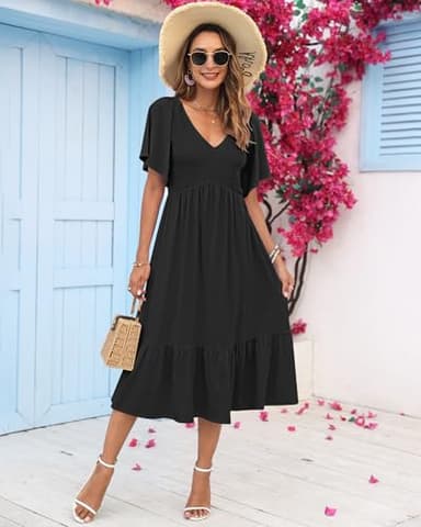 AUSELILY Women's Summer Empire Waist Dress Smocked Flutter Short Sleeve V Neck Midi Dresses 2025 New Black 2XL - Image 2