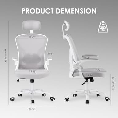 Farini Ergonomic Office Chair, Home Office Desk Chair with Headrest, High Back Computer Chair with Armrests and Adjustable Lumbar Support for Home Office Study Room, White & Gray - Image 2