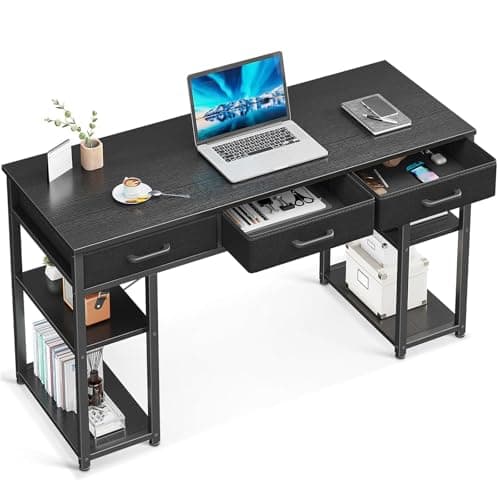 ODK Office Small Computer Desk: Home Table with Fabric Drawers & Storage Shelves, Modern Writing Desk, Black, 48"x16" - Image 1