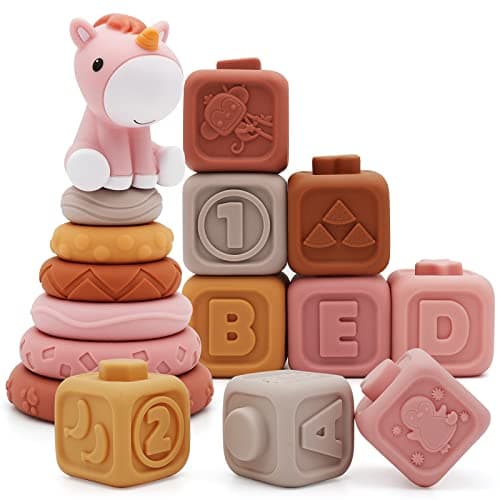 Nueplay 13 Pcs Building Circle & Blocks, Stacking & Nesting Baby Toys with Horse Figure, Newborn Essentials Squeeze Teething Toy Gifts for 6 12 18 Months Baby Toddler Girls - Image 1