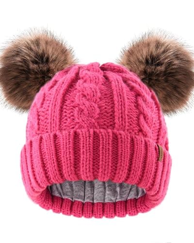 FURTALK Toddler Warm Winter Hat Kids Baby Knitted Soft Beanie with Double Faux Fur Pom Poms for Girls Boys Rose Red,2-6 Years - Image 1