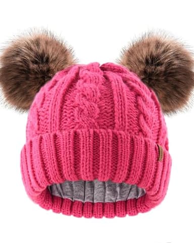 FURTALK Toddler Warm Winter Hat Kids Baby Knitted Soft Beanie with Double Faux Fur Pom Poms for Girls Boys Rose Red,2-6 Years - Image 1