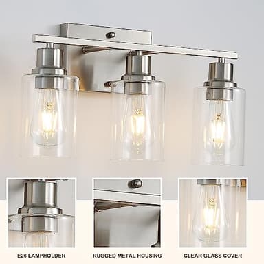 Jodauirt Brushed Nickel Wall Sconces,3-Lights Bathroom Vanity Light Fixtures with Clear Glass Shades, Farmhouse Modern Wall Lighting ​for Mirror,Bedroom,Living Room - Image 3