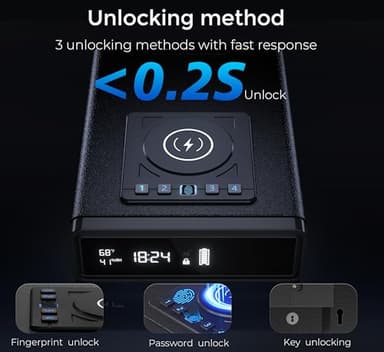 Smart Biometric Safe with Wireless Charging for Phone & Watch, 3 Access Methods to Unlock, Nightstand Drawer Safe LED Display with Humidity & Temperature Monitoring, Stopbox for Cash and Valuables - Image 5
