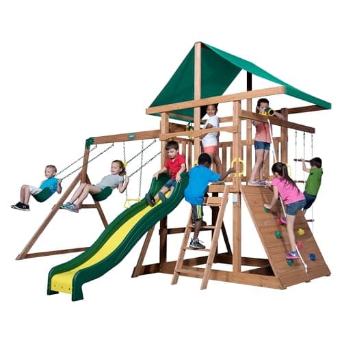 Backyard Discovery Mount Mckinley Cedar Wood Swing Set with Wave Slide, Play Deck, Double Rock Wall, Rope Ladder, Web Swing, Belt Swings, Toy Telescope, Steering Wheel, Sandbox Area, Outdoor Playset - Image 1