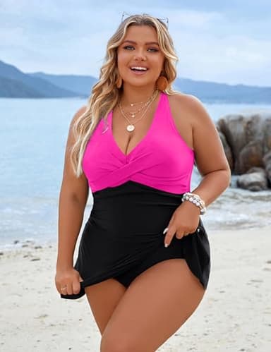 Blooming Jelly Women Plus Size Swim Dress Swimsuit One Piece Maternity Tummy Control Bathing Suit (XXL, Black Pink) - Image 3