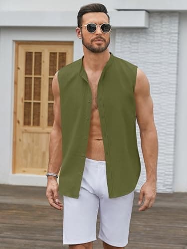 hawalili Men's Button Down Sleeveless Shirts Summer Beach Tank Tops Casual Textured Tank T-Shirt Army Green - Image 3
