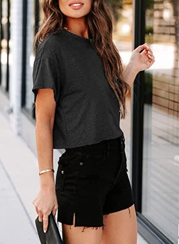 Tankaneo Women Short Sleeve Cropped T-Shirts Crew Neck Loose Crop Tops Summer Casual Drop Shoulder Basic Tees Black - Image 2