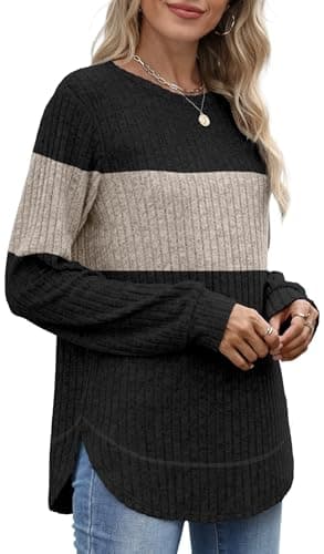 OFEEFAN Sweaters for Women Trendy 2025 Womens Tops Long Sleeve Shirts Plus Size Women's Clothing Fall Outfits Fashion Clothing School Outfits Tops for Teachers M Black Beige - Image 3
