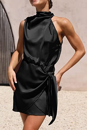 PRETTYGARDEN Women's Short Formal Satin Dress Summer Sleeveless Mock Neck Tie Waist Cocktail Party Dresses (Black,X-Large) - Image 4