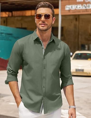COOFANDY Men's Denim Shirts Business Casual Shirts for Men Spring Shirt, Army Green, X-Large - Image 2