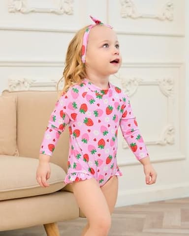 Baby Swimsuit Girl 3-6 Months Infant Girls One-Piece Swimsuits Ruffle Pink Strawberry Long Sleeve Newborn Bathing Suit with Hat Cute Rash Guard Baby Beach Essentials Swimwear - Image 3