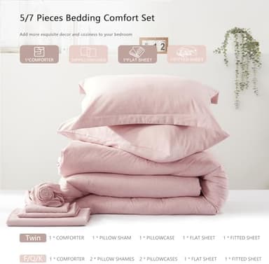 UNILIBRA Queen Comforter Set 7 Pieces Bed in a Bag - Pink Queen Soft Bedding Set for All Seasons - Cationic Dyeing Bed Comforter Sets with Comforter, Flat Sheet, Fitted Sheet, Pillowcases & Shams - Image 7