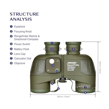 AOMEKIE 10x50 Waterproof Marine Binoculars for Adults with Rangefinder Compass BAK4 Prism FMC Lens for Birdwatching Hunting Boating - Image 9