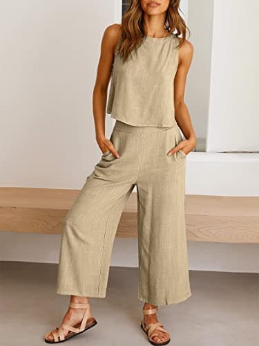 ANRABESS Women's Summer 2 Piece Outfits Sleeveless Crop Top Capri Wide Leg Pants Jumpsuit Casual Linen Lounge Matching Sets Beach Travel 2025 Trendy Clothes Apricot X-Large - Image 9