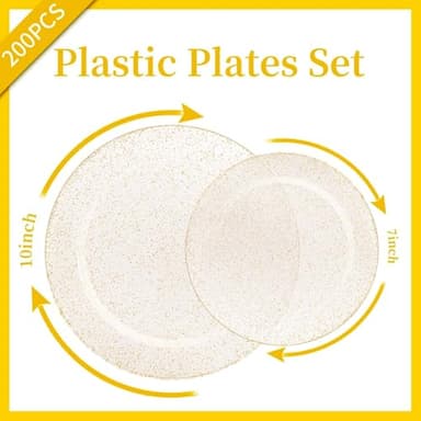 WDF 200PCS Gold Plastic Plates - Gold Glitter Plastic Plates - Heavy Duty Gold Glitter Disposable Plates - Include 100 Dinner Plates 10" and 100 Dessert Plate 7" for Parties/Wedding - Image 2