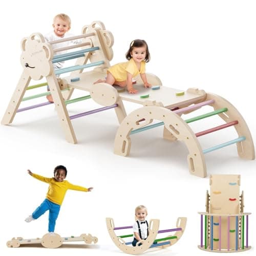 COSYLAND Pikler Triangle Set - 8 in 1 Large Montessori Climbing Toys for Indoor - Wooden Foldable Jungle Gym for Toddler & Baby, CPC/SOR/CE Certified Enjoys Unique Patented Design, Rainbow - Image 1