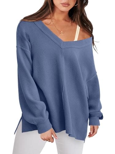 ANRABESS Oversized Long Sleeve Shirts for Women Off the Shoulder Sweatshirt Loose V Neck Tunic Tops High Low Sweater 2025 Small Grey Blue - Image 1