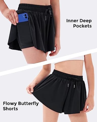 Stelle Girls Flowy Shorts with Pockets Athletic Running Skirt High Waist Butterfly 2 in 1 Sports Short 5-16 Years(Black,XL) - Image 4