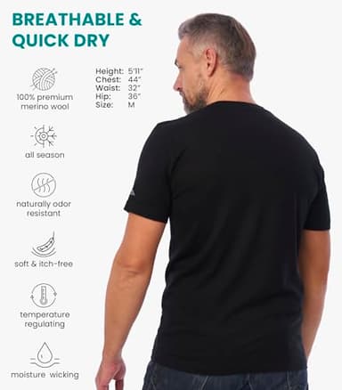 Merino Wool T-Shirt Mens - Short Sleeve Merino Wool Shirts for Men Sport Lightweight Thermal Base Layer Hiking Tshirt (Large, Coal Black) - Image 2