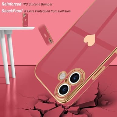 Teageo for iPhone 16 Case with Screen Protector [2 Pack] Girl Women Cute Girly Love-Heart Luxury Gold Soft Cover Camera Protection Shockproof Phone Case for iPhone 16, Bright Blush - Image 4