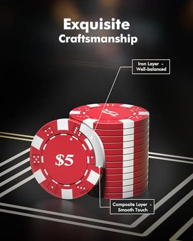 HEITOK Poker Set with Denominations, 300-pcs 11.5g Weighted Numbered Chips, 5 Dice, 2 Decks with Compact Aluminum Case for Texas Hold'em, Blackjack, Age 8 and Plus - Image 4