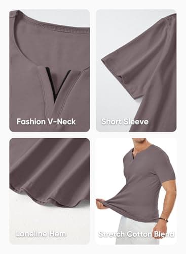 JMIERR Men's Muscle Slim Fit T-Shirt V Neck Black Henley Shirt Short Sleeve Gym Workout Athletic Fitted Tees Shirts for Men, L, Brown - Image 5