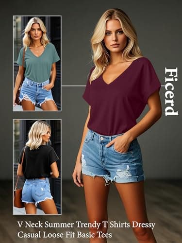 Ficerd 3 Pack Women's Dolman Sleeve Tops V Neck Summer Trendy T Shirts Dressy Casual Loose Fit Basic Tees(Medium,Black, Gray Green, Wine Red) - Image 3