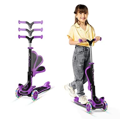 3 Wheel Scooter for Kids with Foldable Seat, Adjustable Handlebar Height, Lean-to-Steer Ride On Toy for Kids Ages 2+, Light-Up LED Wheels, Wide Anti Slip Deck, Indoor & Outdoor Use, Purple - Image 1