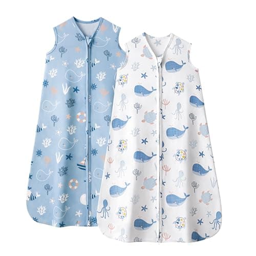 FIEMOL Baby Sleep Sack 0-6 Months, 0.5 TOG Wearable Blanket for Baby Boy and Girl, 2-Way Zipper Newborn and Infant Sleeping Bag 2 Pack, Lightweight Sleep Sacks Blue Whale（Small） - Image 1