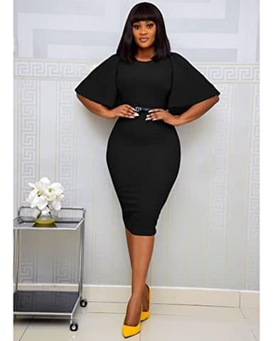 Memoriesea Women's Basic Bodycon Ruffle Flared Short Sleeve Pencil Midi Dress Black - Image 7