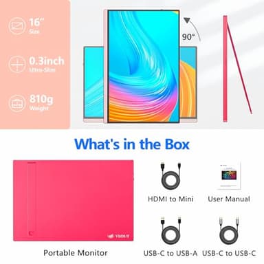 Veout 16Inch Pink Portable Monitor for Laptop, 1920x1200P IPS 16:10 Computer External Screen, 100% sRGB Stand Support Freesync, for Girl Phone, PC Home Use - Image 9