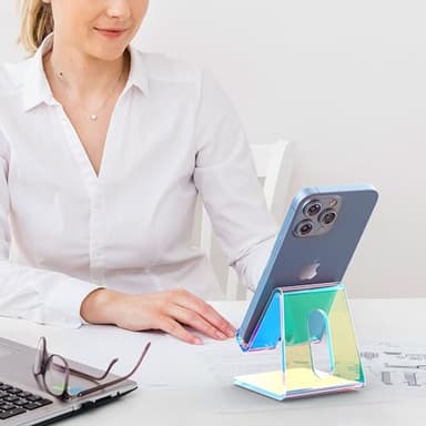 Crpich Acrylic Cell Phone Stand, Portable Phone Holder, Phone Stand for Desk, Compatible with Phone16 15 14 13 12 Pro Max Mini 11, Switch, Android Smartphone, Pad, Tablet, Iridescent Color - Image 5
