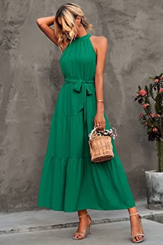 PRETTYGARDEN Women's Summer Maxi Sun Dress Sleeveless Halter Neck Flowy Ruffle Hem Long Boho Dresses with Belt (Solid Green,Medium) - Image 7