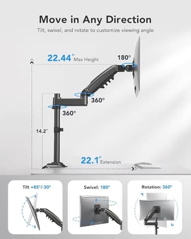 HUANUO Single Monitor Arm, Adjustable Desk Mount for 13-34 inch Screens, Holds 19.8lb, 22.44 inch Max Height, Full Motion Swivel Monitor Stand with VESA 75x75mm and 100x100mm Compatibility - Image 3