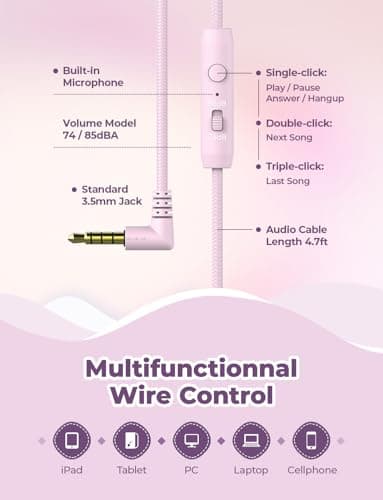 iClever HS19 Kids Headphones with Microphone for School, Safe Volume Limited, Over-Ear Girls Boys Headphones for Kids with Shareport, Foldable Wired for iPad/Travel (Pink) - Image 6