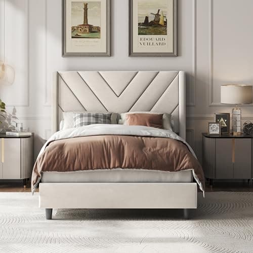 Yaheetech Twin Bed Frame Upholstered Platform Bed with Wing Side/Wooden Slat Support/Tufted Headboard with Wing Side/Mattress Foundation/No Box Spring Needed,Beige Twin Bed - Image 1