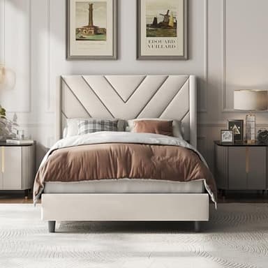 Yaheetech Twin Bed Frame Upholstered Platform Bed with Wing Side/Wooden Slat Support/Tufted Headboard with Wing Side/Mattress Foundation/No Box Spring Needed,Beige Twin Bed - Image 1