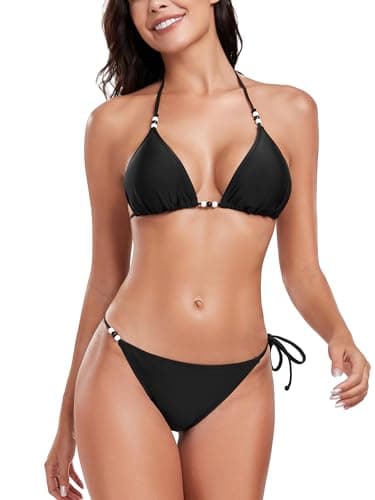 RELLECIGA Women's Triangle Two Piece Swimsuit Bead Halter Bikini Sets String Bathing Suits Black Large
