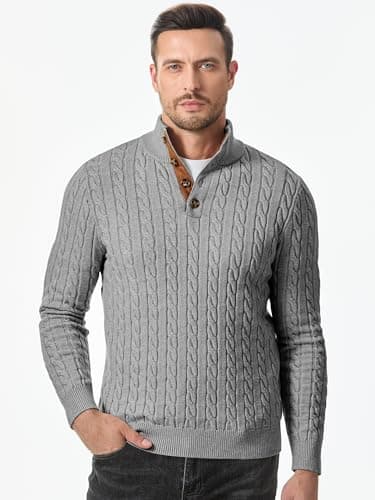 JMIERR Men's Cable Knit Slim Fit Casual Long Sleeve Essentials Soft Touch Button Stand Collar Wool Christmas Sweaters, M, Grey - Image 7