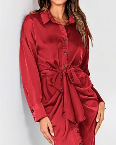 BTFBM Maxi Dresses for Women Fall 2025 Long Sleeve Lapel Neck Button Down Elegant Satin Belted Ruched Summer Shirt Dress(Red, Large) - Image 7