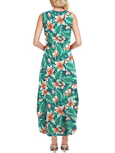 HUSKARY Floral Dress for Women Casual Loose Beach Dress Sleeveless Side Slit Maxi Dress with Pockets Green Flowers Small - Image 3