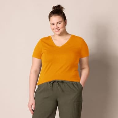 Amazon Essentials Women's Regular-Fit Short-Sleeve V-Neck T-Shirt, Pack of 2, Coral Orange/Golden Yellow, Small - Image 6