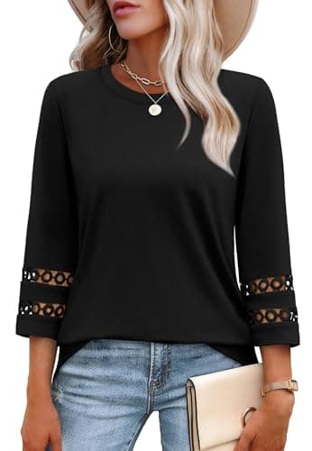 3/4 Length Sleeve Womens Tops Trendy Blouses for Women Dressy Casual Crewneck T Shirts Fall Fashion Clothing Black M - Image 1