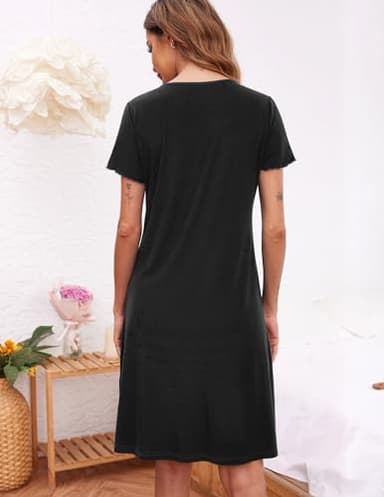 Ekouaer Women's Nightshirt Short Sleeve Button Down Nightgown V-Neck Sleepwear Pajama Dress Black - Image 5