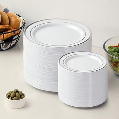 AOZITA 200Pcs Silver Plastic Plates, Disposable Plastic Party Plates for Party, Wedding and Birthday - Image 7